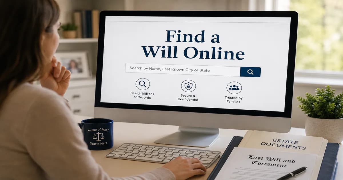 How to find a will online using a computer search tool with estate documents and a last will and testament on a desk.