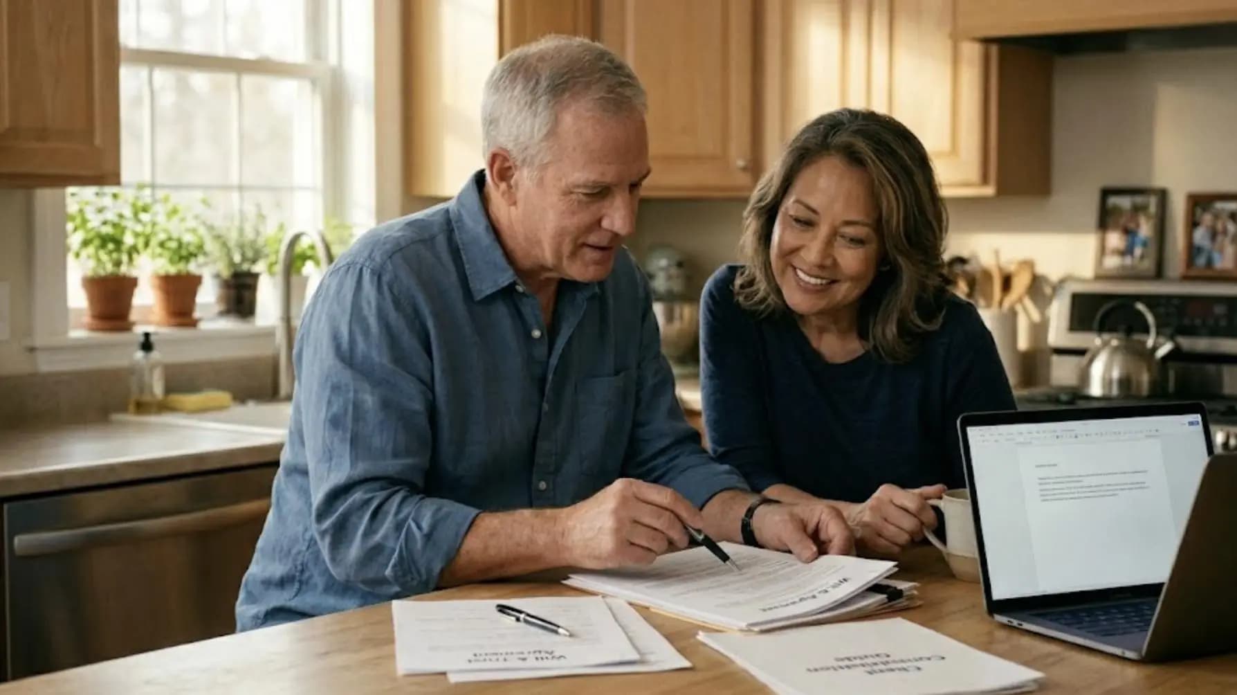 Couple reviewing a Last Will and Testament preparation checklist while organizing estate planning documents at home.
