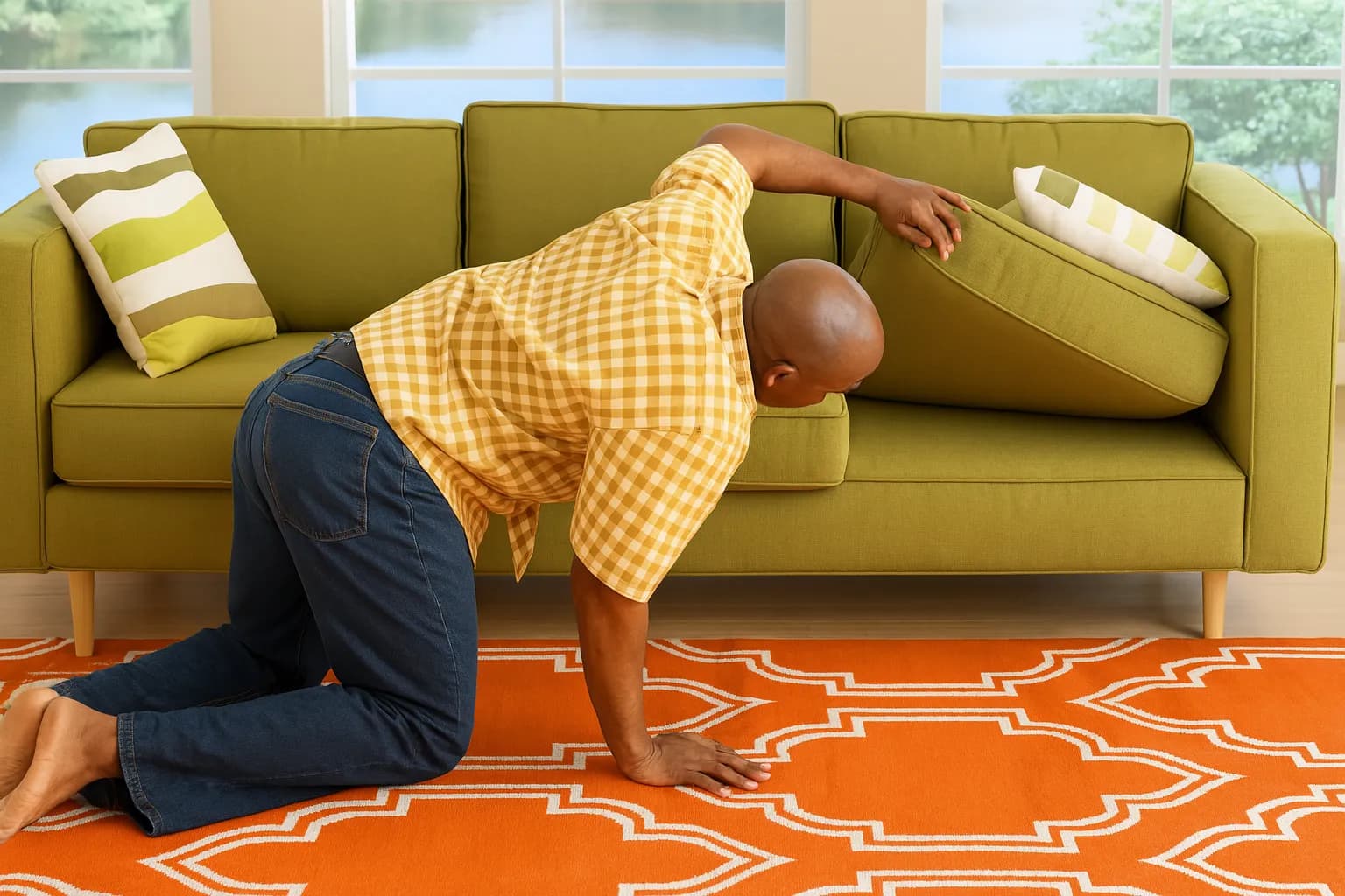 A man searching under sofa cushions desperately looking for a missing will