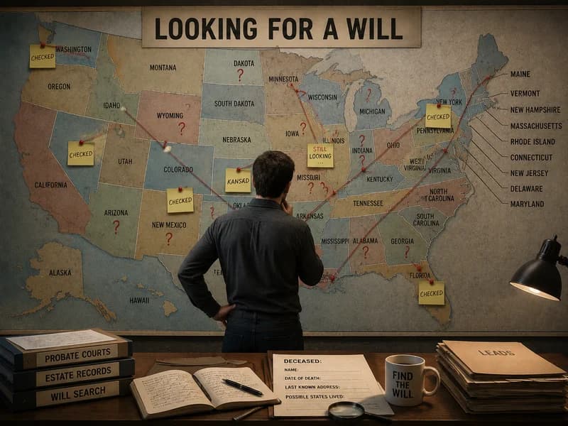 A person studies a large map of the United States while reviewing probate records, legal documents, and search notes to locate a missing will across all 50 states.