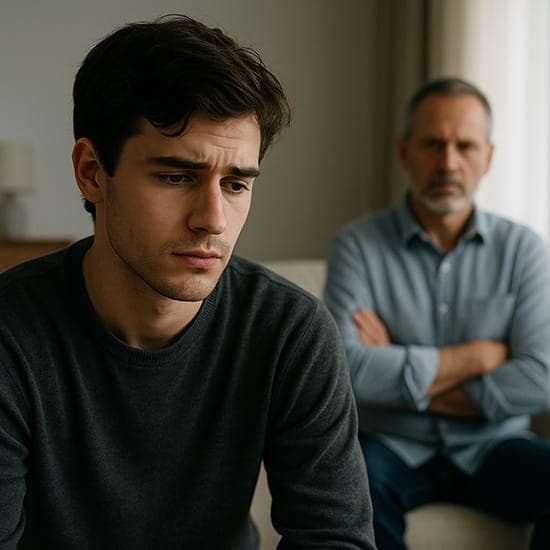 Young adult sitting apart from parent, illustrating the emotional impact of disinheriting a child.