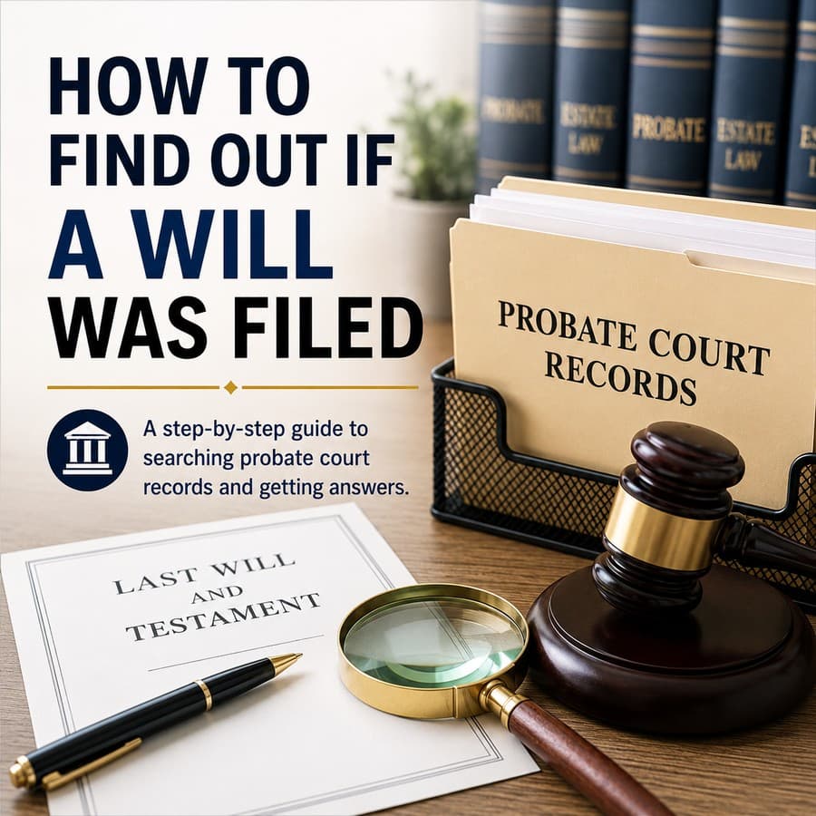 How to find out if a will was filed by searching probate court records, shown with a Last Will and Testament, court records, gavel, and magnifying glass.
