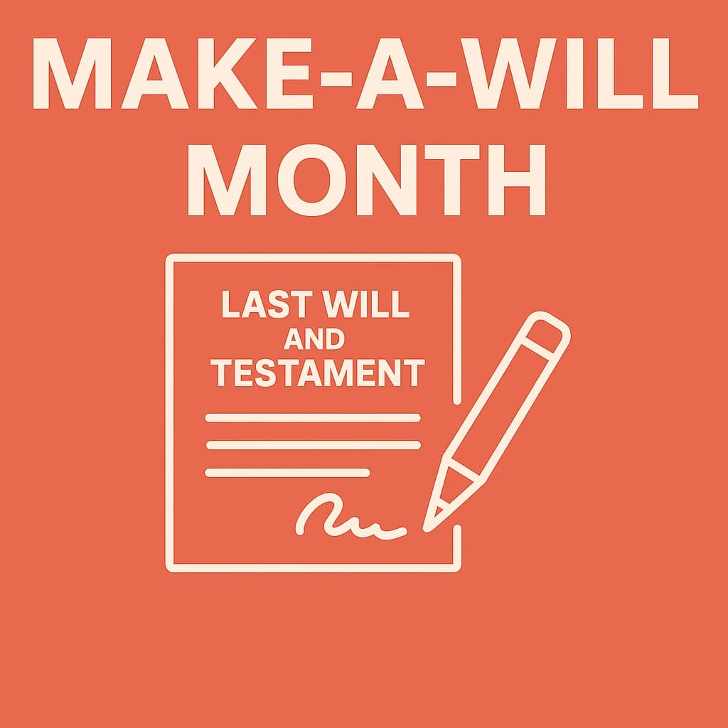 llustration promoting Make a Will Month in August with a legal will document and pencil icon