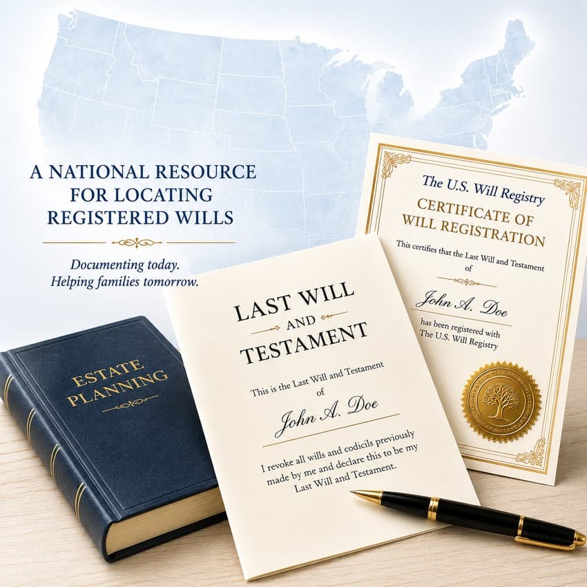 Attorney completing a will and preparing to register it in the U.S. National Will Registry.