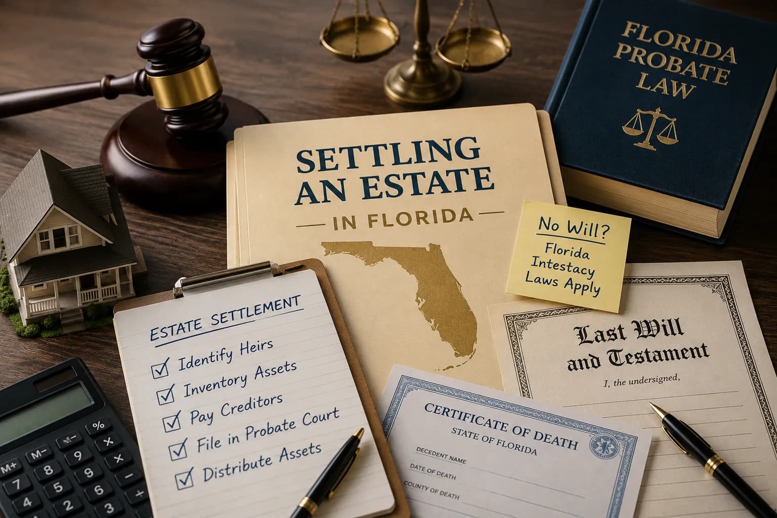 Florida estate settlement documents, probate court paperwork, death certificate, last will document, and estate administration checklist on a desk.