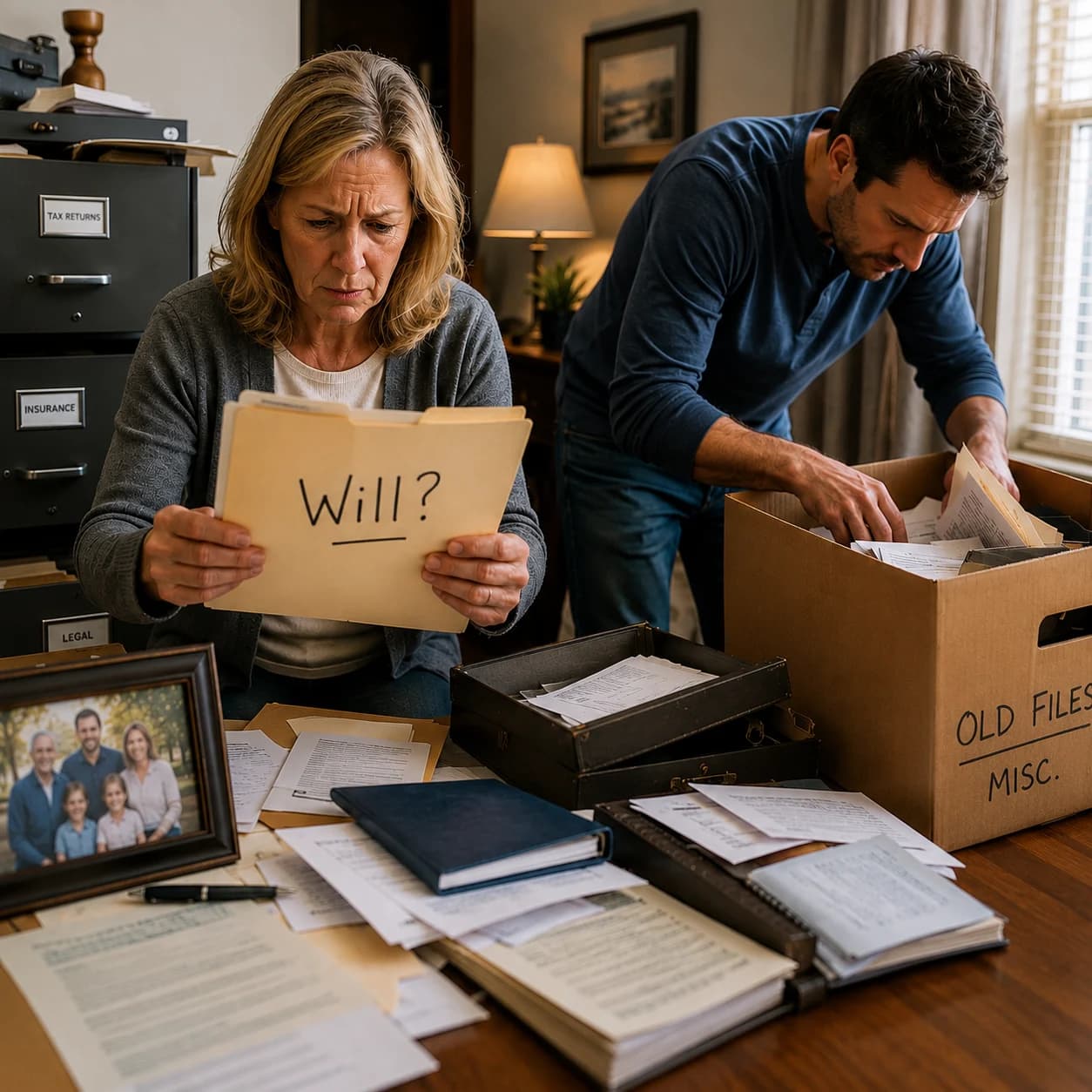 Family members searching through legal documents and file boxes for a missing will after a loved one's death before probate.