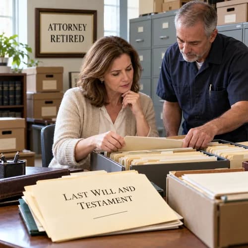 A woman and a man search legal files in an office with an “Attorney Retired” sign and a will folder on the desk.