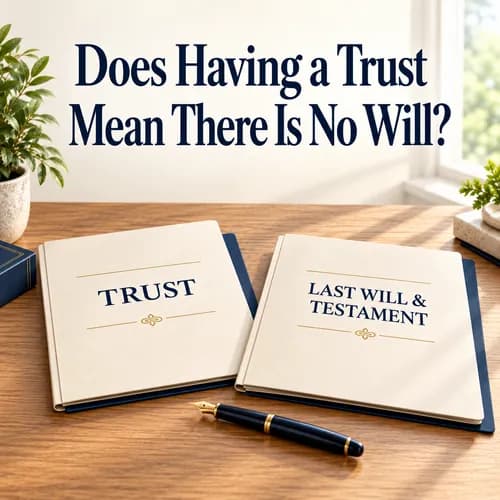 Two cream binders labeled “Trust” and “Last Will & Testament” side by side on a wooden desk with a fountain pen, under the headline “Does Having a Trust Mean There Is No Will?”