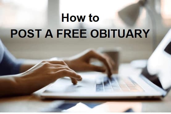 A person sitting at their computer creating a free obituary.