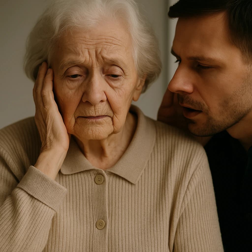 Elderly woman looking distressed as a younger man whispers to her, symbolizing undue influence in wills.