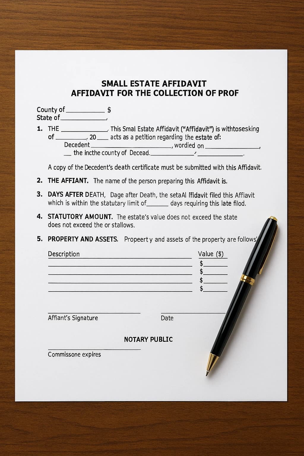 Small estate affidavit form with signature and notary section on a wooden desk.