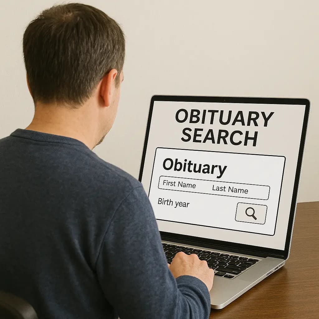 Man using a laptop for a free obituary search by first name, last name, and birth year.