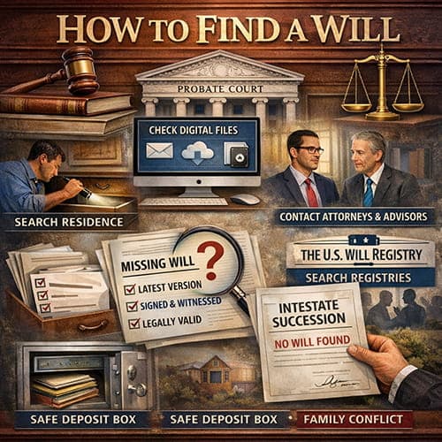 How to find a will infographic showing steps to locate a missing will.