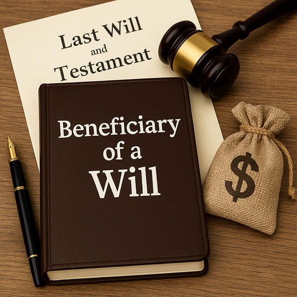 Legal desk with documents, pen, and estate papers symbolizing the beneficiary of a will and inheritance planning.