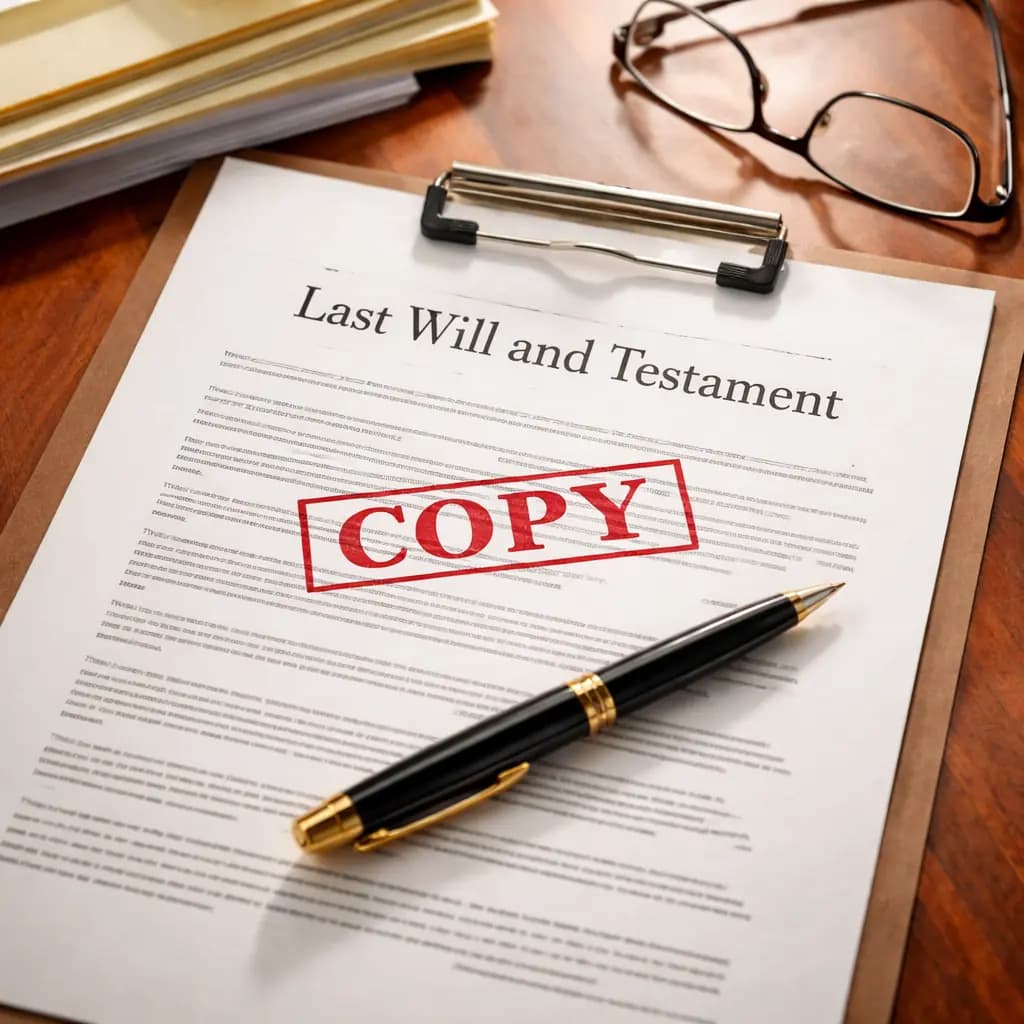 Duplicate copy of a will found on desk marked copy beside legal paperwork