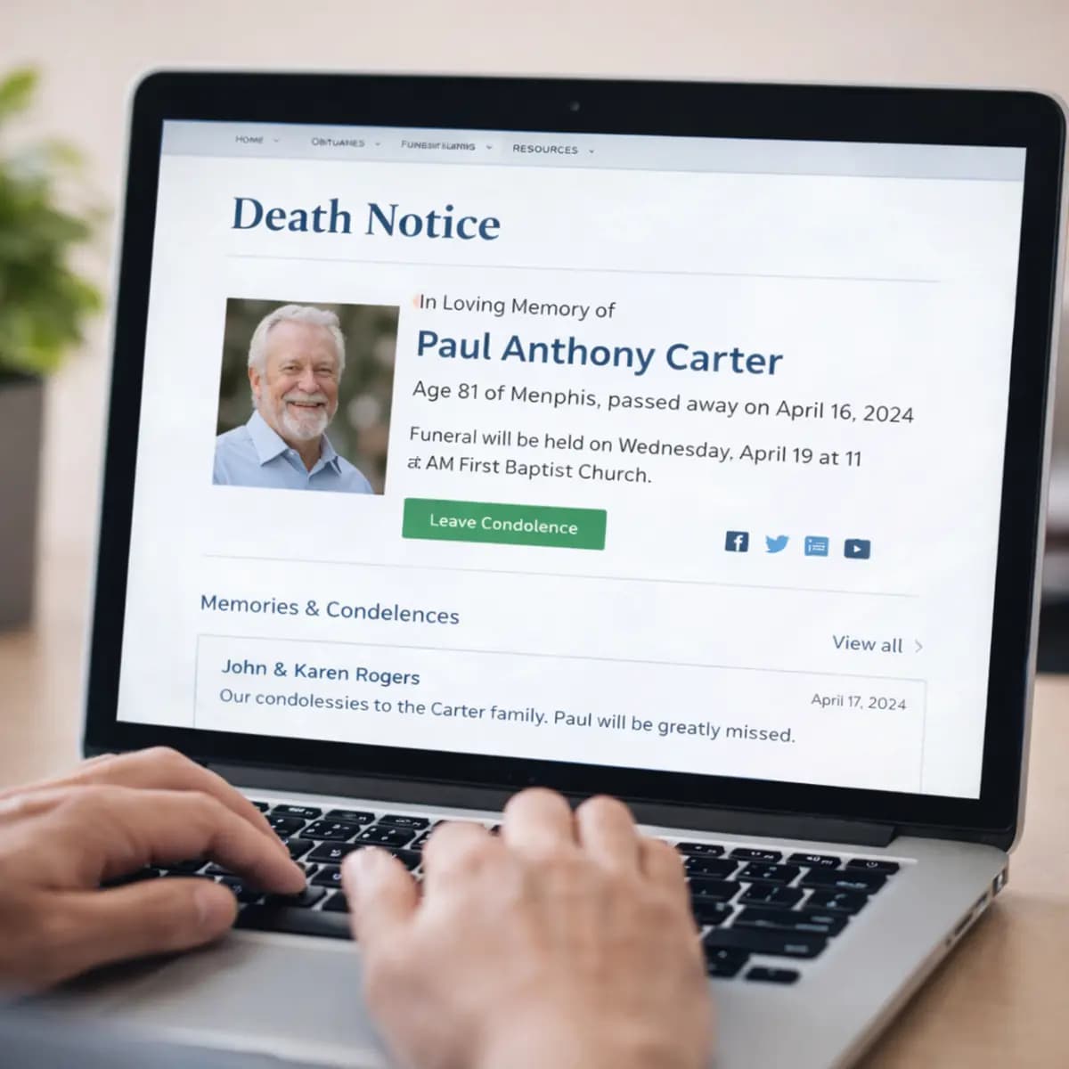 importance of a death notice shown on an online memorial notice displayed on a laptop screen