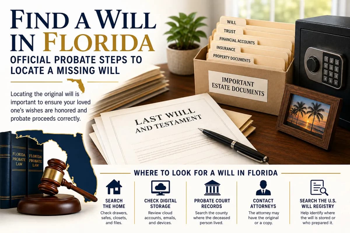 Find A Will In Florida infographic showing probate search steps and estate document locations