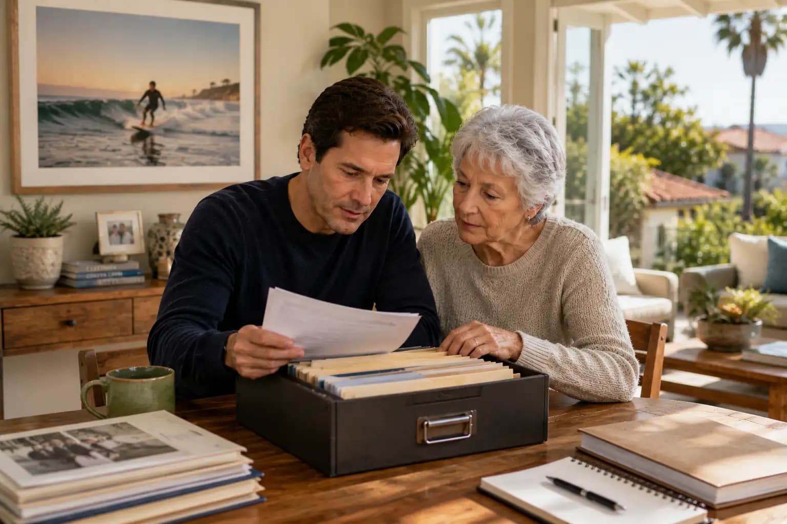 How to find a will in California, family reviewing estate documents and searching for a missing will at home.