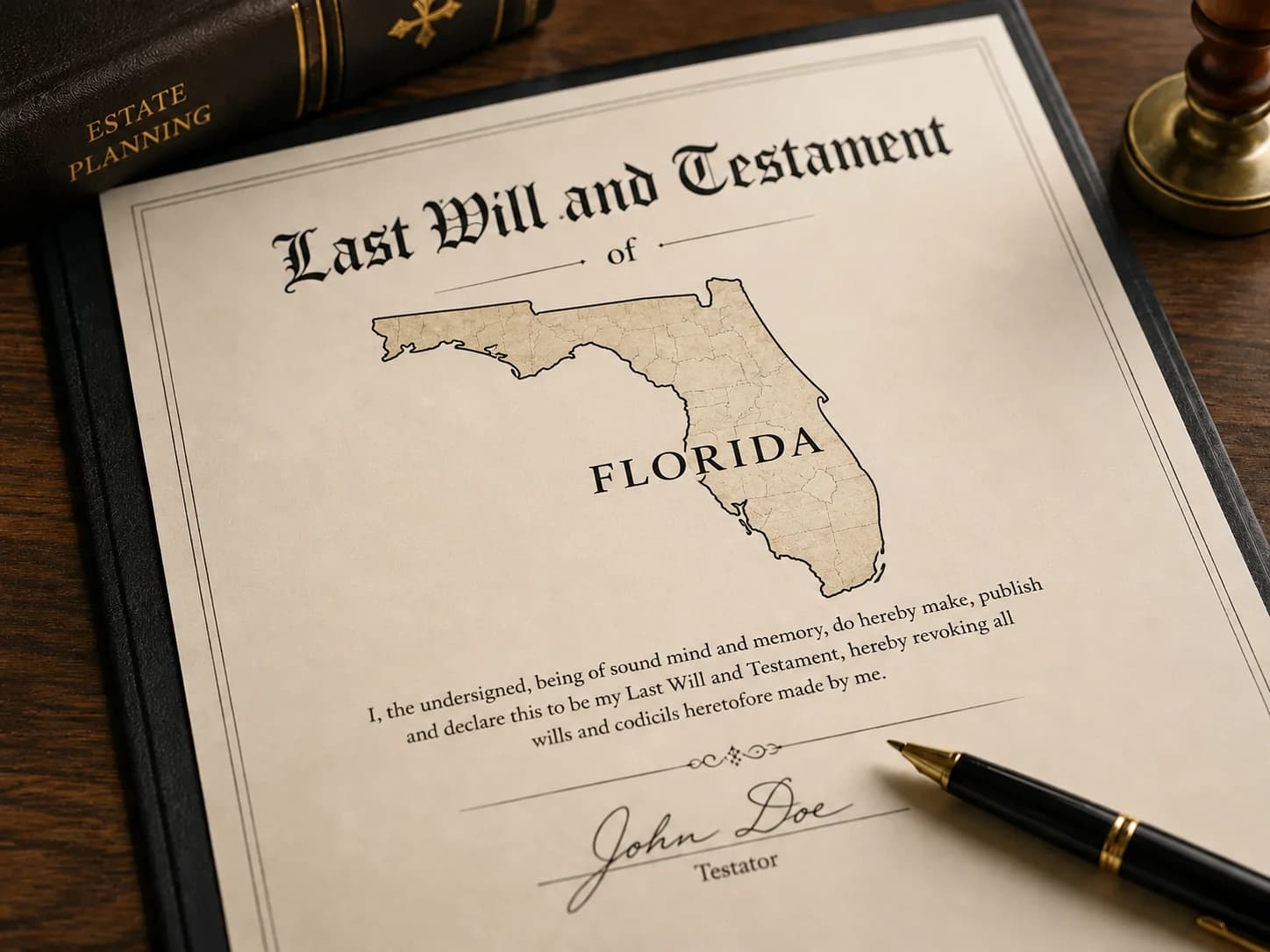How to Find a Will in Florida guide featuring a Florida Last Will and Testament document with a Florida state map.