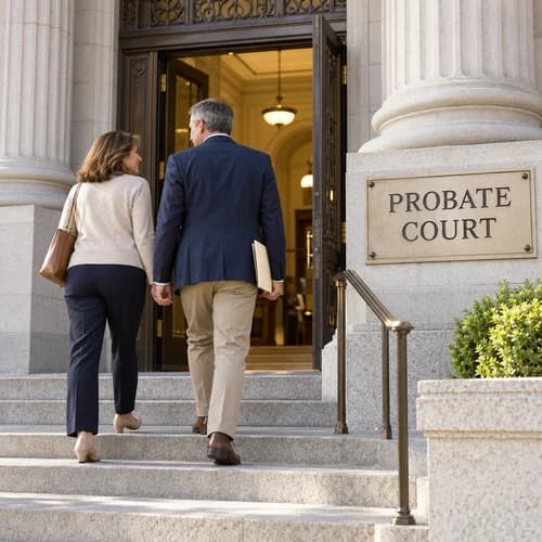 Couple looking to find a will in probate records A man and woman walk up stone steps into a probate court, the man carrying a folder of documents, past a bronze "Probate Court" sign.
