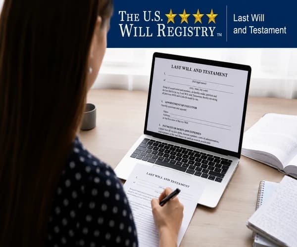 Free Online Will – Compliments of The U.S. Will Registry Woman creating a free online will and filling out a Last Will and Testament using The U.S. Will Registry online will maker.