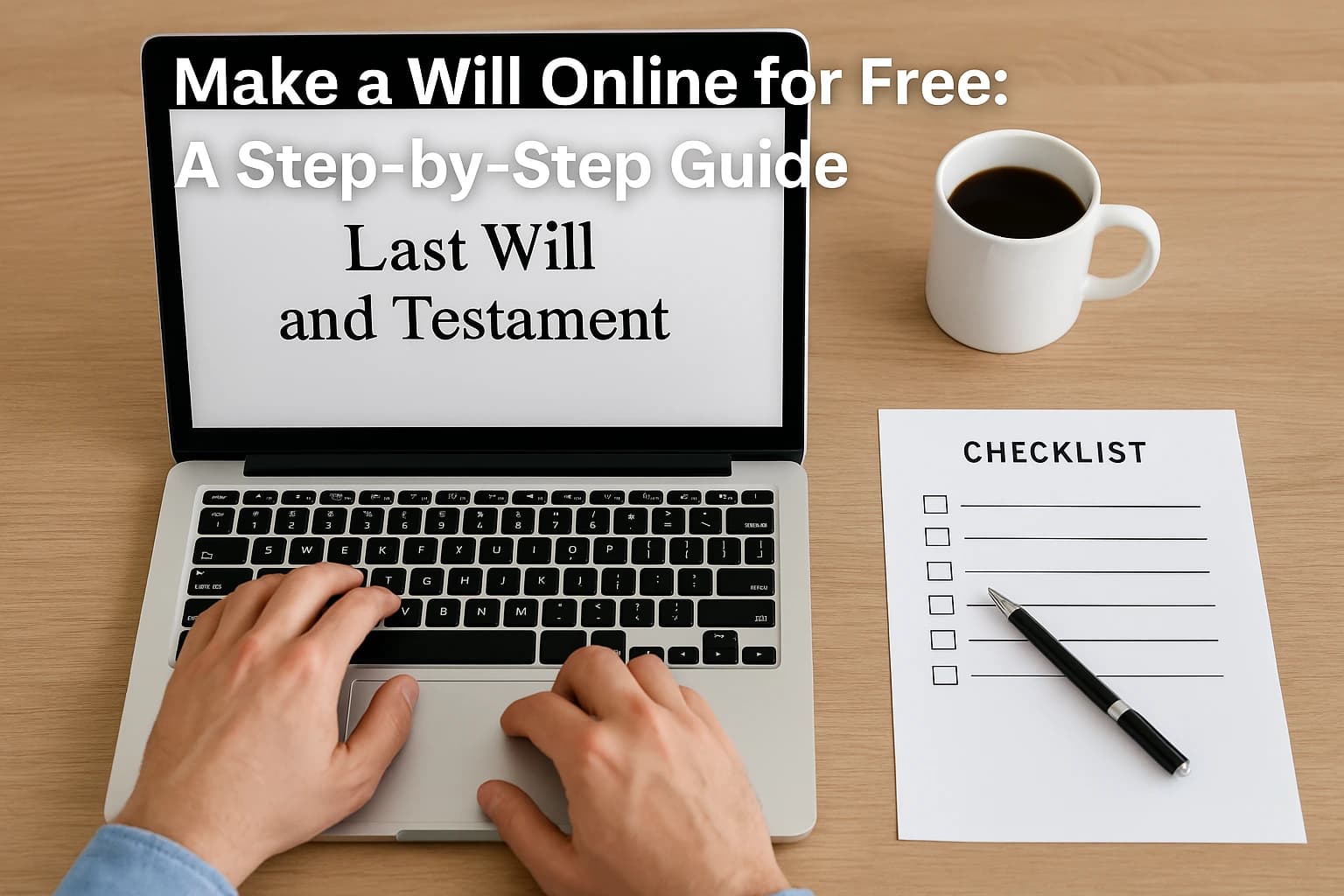 Make-a-will-online-for-free Person creating a will online on a laptop with “Last Will and Testament” on screen.