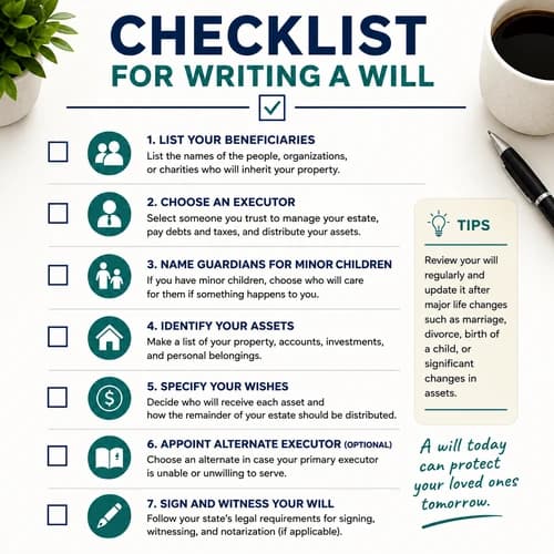 Checklist for Writing a Will Checklist for writing a will with steps for choosing beneficiaries, an executor, guardians, assets, and signing requirements.