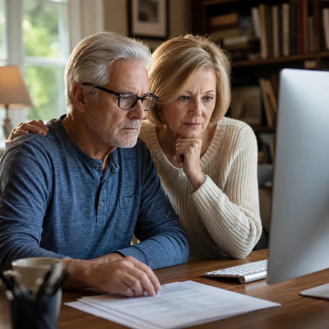 Couple researching how to find if a will exist online A couple searches their computer to learn how to find if a will exists online,.