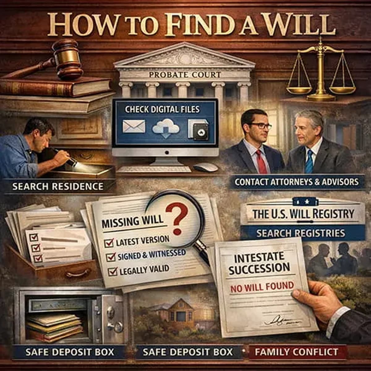 how-to-find-a-will-100-200kb How to find a will infographic showing steps to locate a missing will.