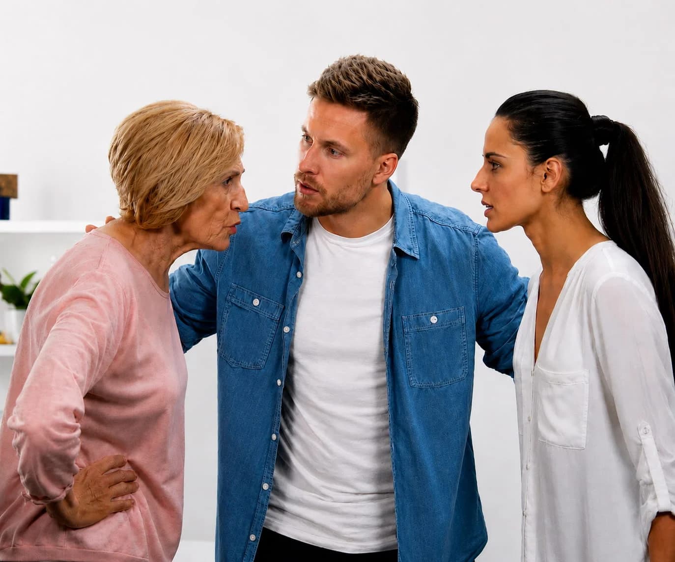 Family-having-an-Inheritance-Dispute A family arguing face-to-face during an inheritance dispute over property and final wishes.