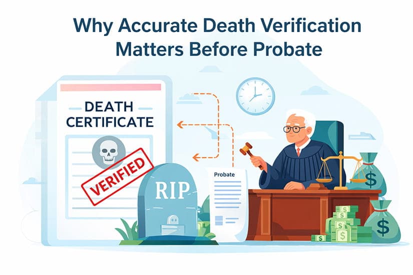 why-accurate-death-verification-matters-before-probate Why Accurate Death Verification Matters Before Probate illustrated with verified death certificate and probate judge