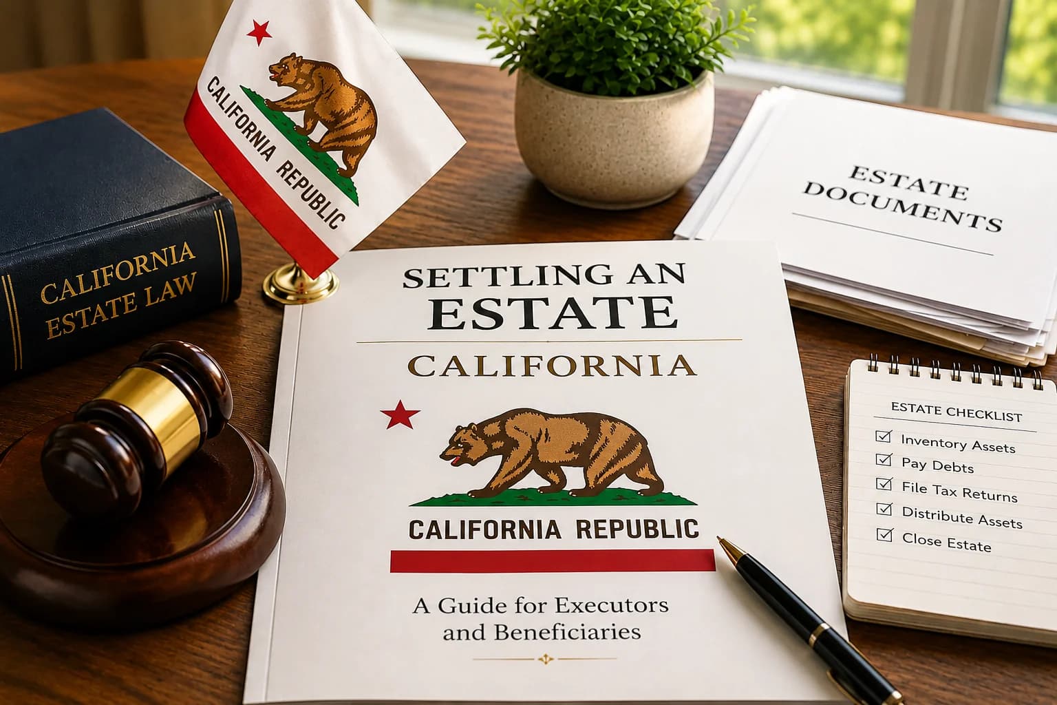 How to Settle an Estate in California How to settle an estate in California with estate documents, California flag, probate checklist, and executor guide on a desk.