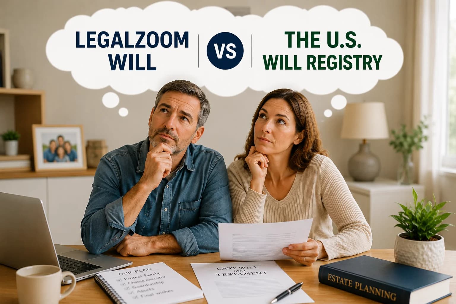 legalzoom last will vs The U.S. Will Registry Couple comparing LegalZoom Last Will and The U.S. Will Registry online will services while planning their estate at home.
