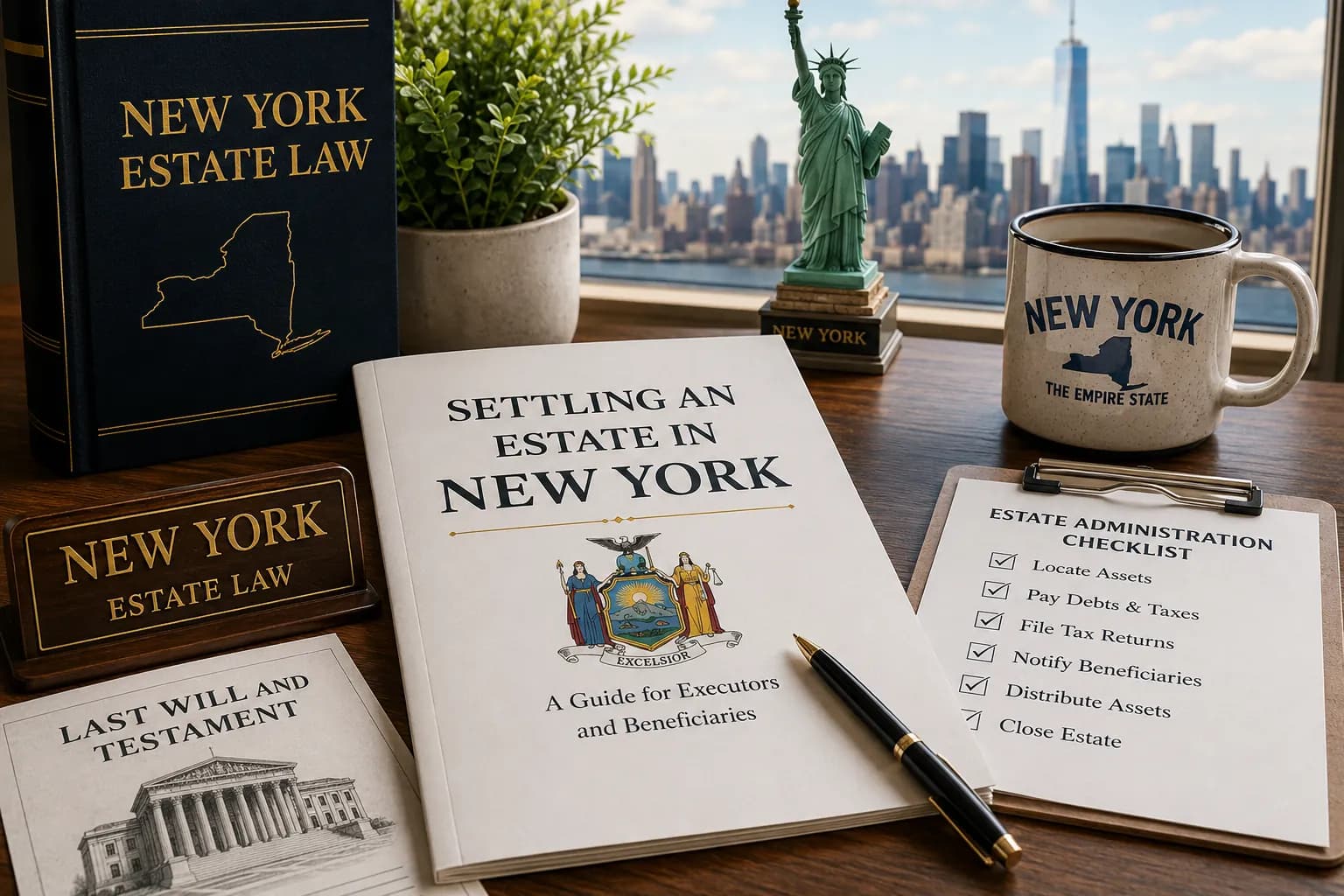 Settling an Estate in New York Guide Settling an estate in New York with estate law book, will, checklist, and New York skyline.
