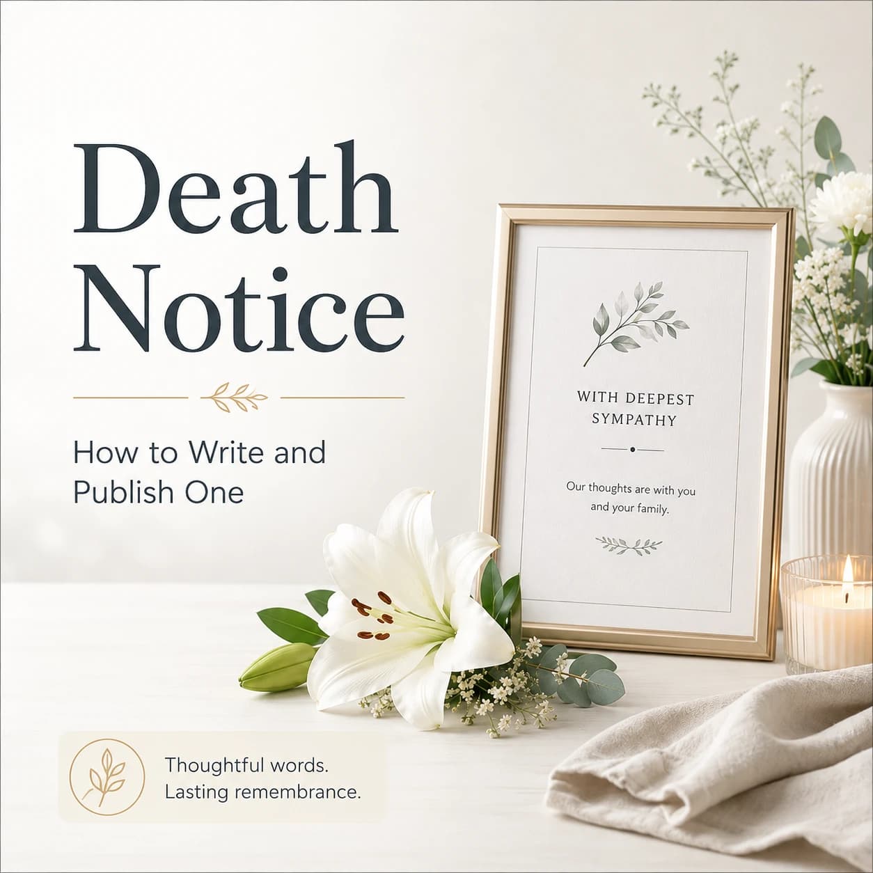 Death Notice: How to Write and Publish One Death notice writing guide with white lilies, a sympathy card, flowers, and a memorial candle.