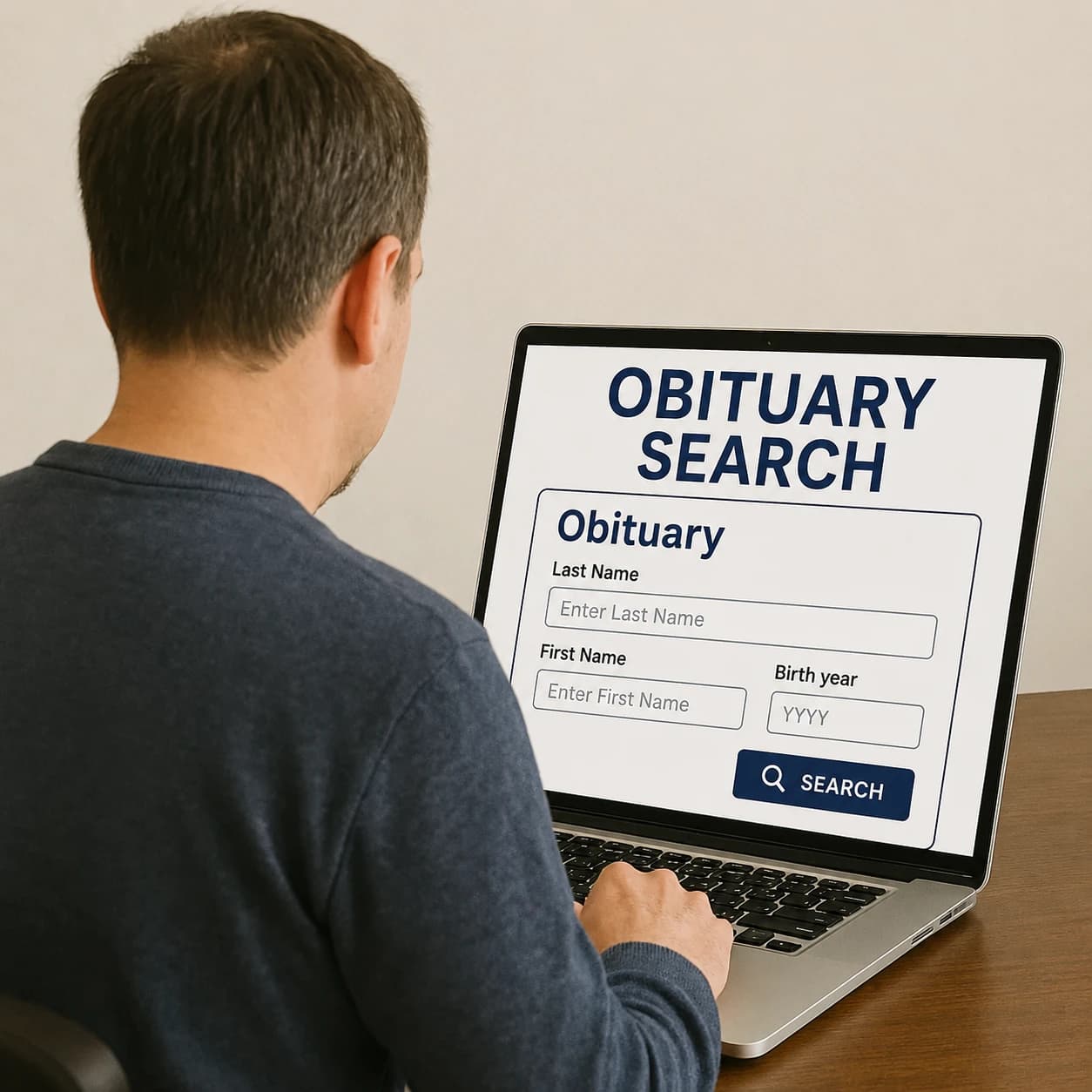 Obituaries by Last Name Person searching for an obituary by last name on a laptop using an online obituary search form.