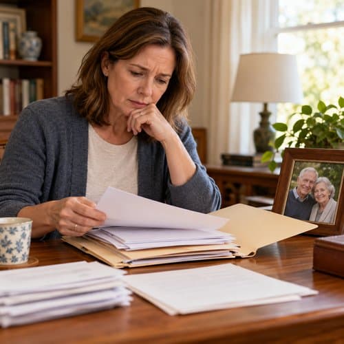 Searching for a Parent’s Missing Will Woman searching through her parent’s paperwork, with a framed photo of her parents beside her.