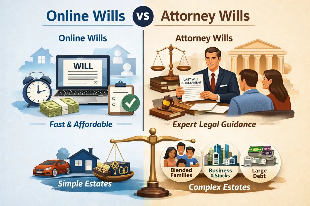 Online Wills vs Attorney Wills Comparison for Estate Planning Decisions Online wills vs attorney wills comparison showing simple vs complex estate planning options