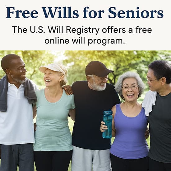 Secure-Your-Legacy-with-Confidence-and-Peace-of-Mind Group of happy seniors outdoors smiling together, promoting Free Wills for Seniors through The U.S. Will Registry's free online will program.