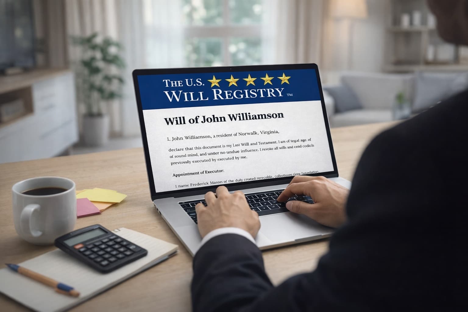 ChatGPT-Image-Jan-9-2026-10_39_31-AM-1 Man at a computer with a screen showing "Create a will for free online on The U.S. Will Registry site"