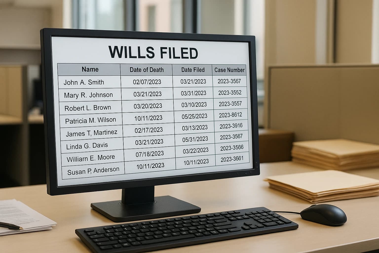 Computer Displaying Estate Search Register of Wills Database Computer screen showing an estate search register of wills with names, filing dates, and case numbers.