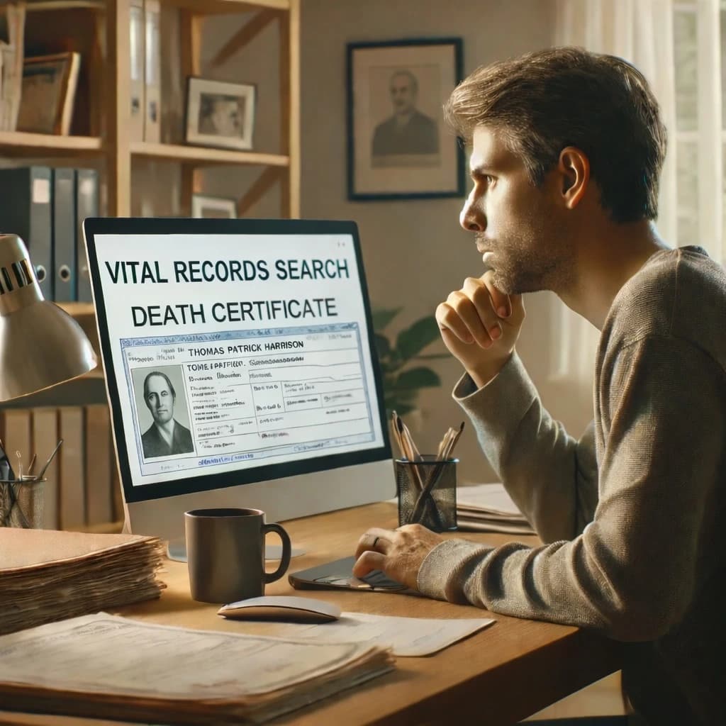 ChatGPT-Image-Jan-8-2026-08_57_48-AM Person searching online for how to find a death certificate at home, using a laptop surrounded by papers.