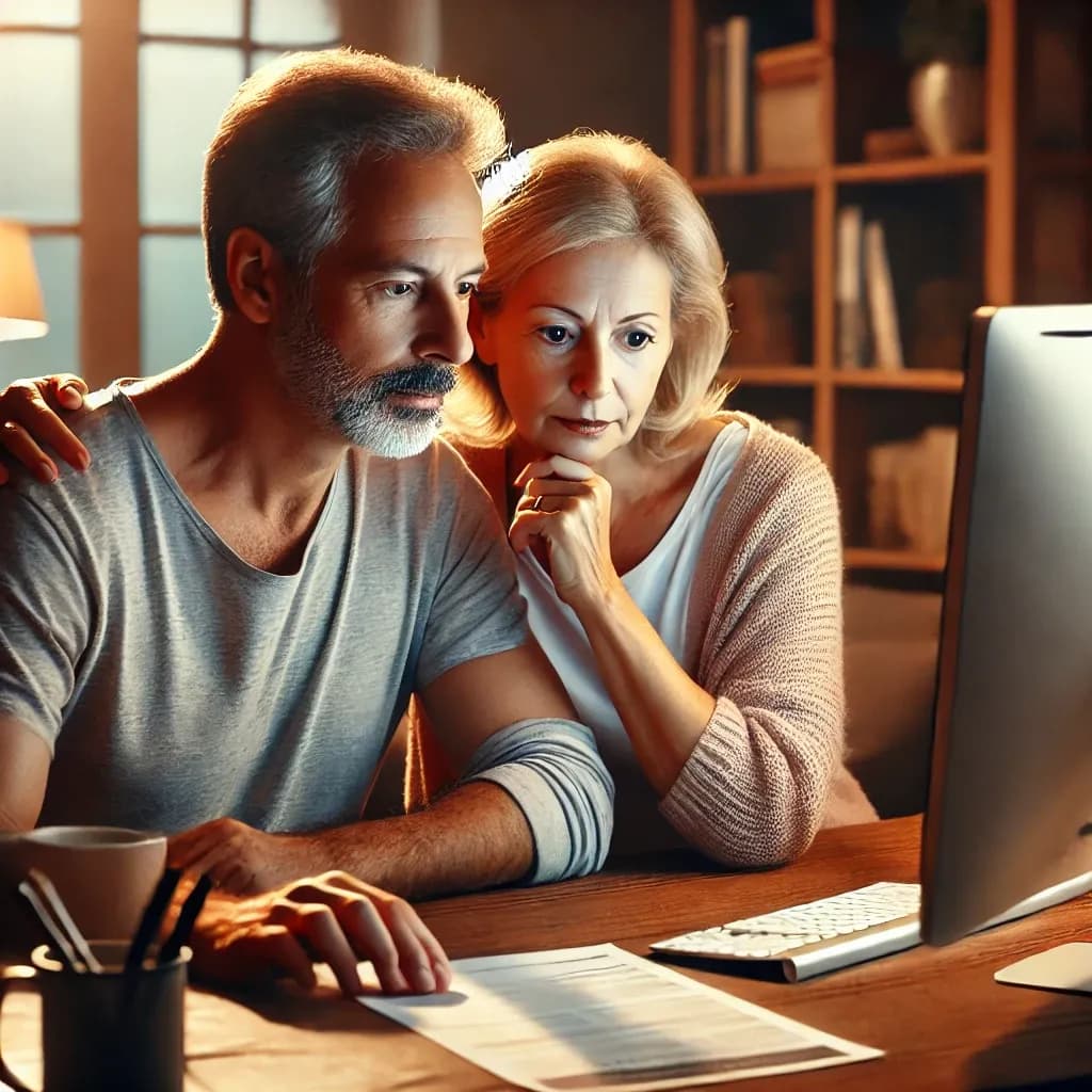 Couple_searching_how_to_find_if_a_will_exists_online A couple searches their computer to learn how to find if a will exists online,.