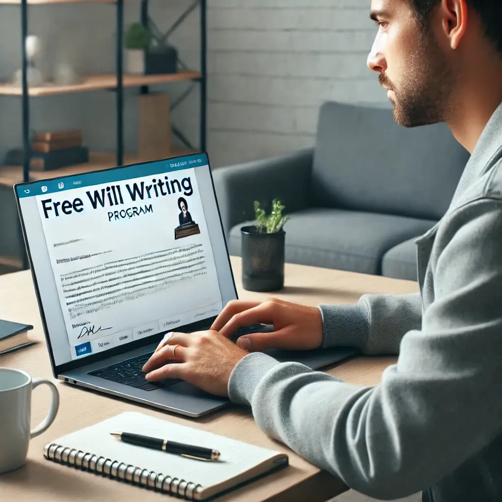 free_will_writing_program_image (1) Person using a laptop at home to create a will with a free will writing program, in a calm and modern setting.