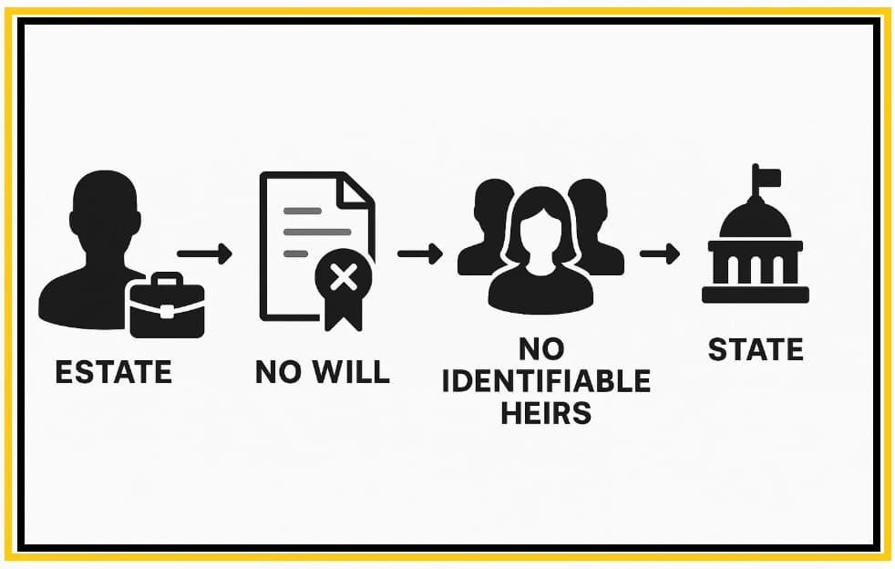 Here is an explanation of what is escheat What is escheat illustrated as a flowchart showing property passing from a deceased person to the state due to no will or heirs.