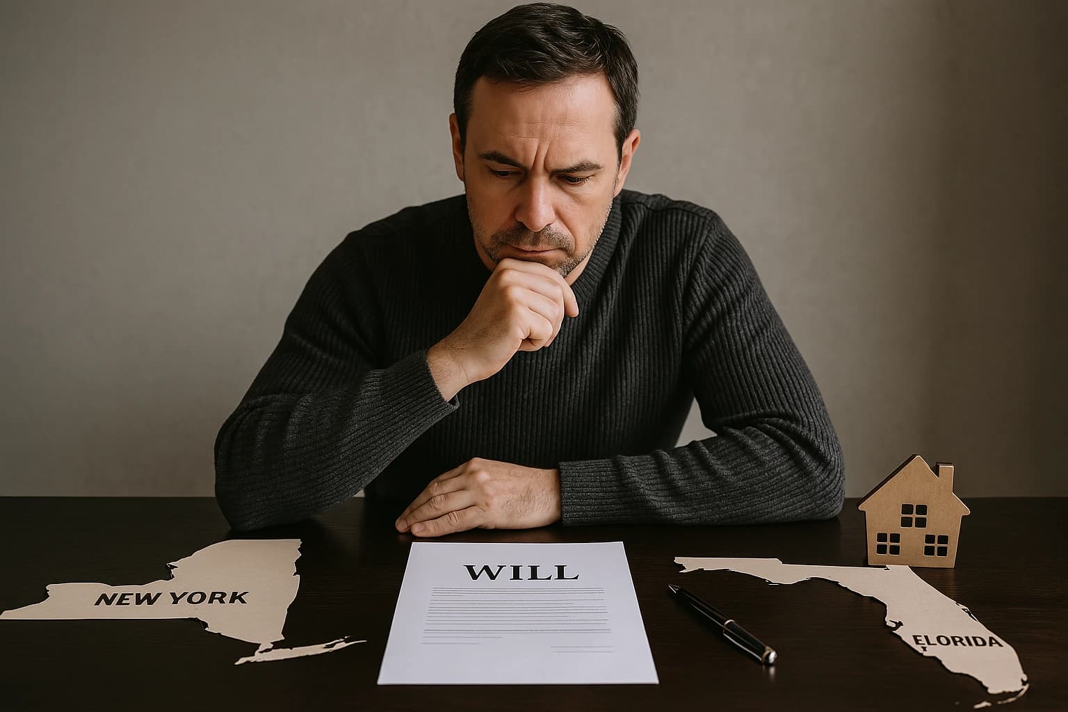 Image of what ancillary probate is Middle-aged man reviewing a will document with maps of two U.S. states and a small house on the table.