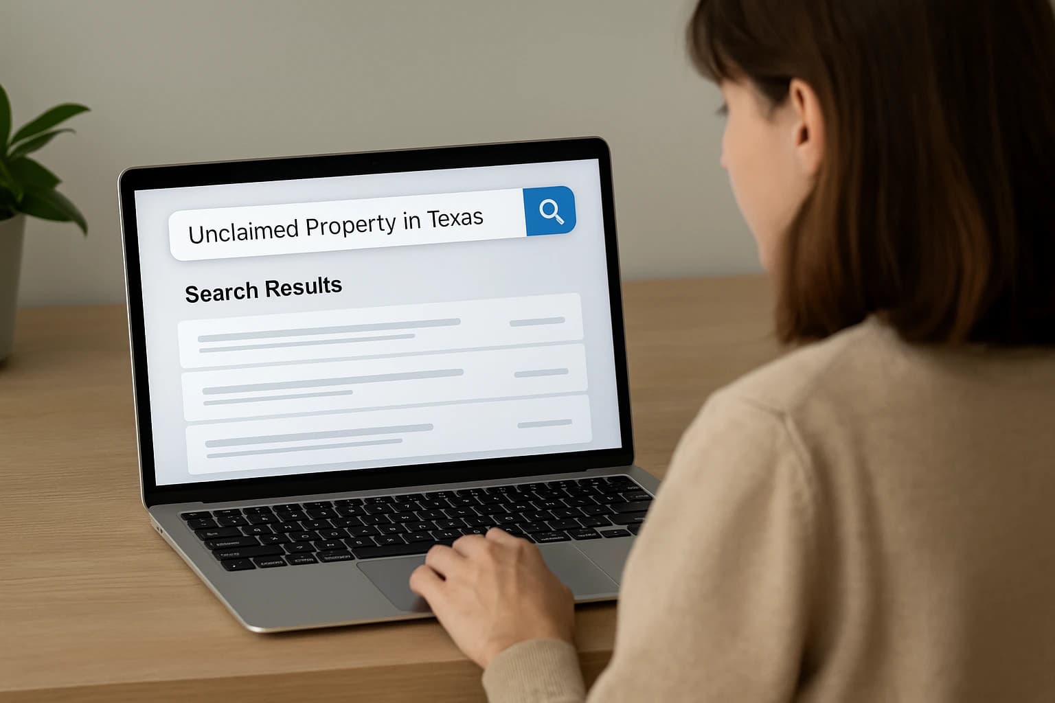 Woman conducting an unclaimed inheritance search for property in Texas on her laptop. Woman conducting an unclaimed inheritance search for property in Texas on her laptop.