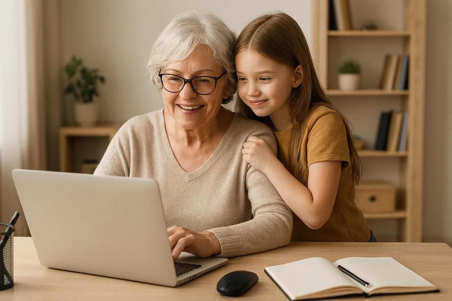 Woman-creating-a-will-free-online-with-granddaughter Elderly woman hugs grandchild while creating a will for free on her laptop.