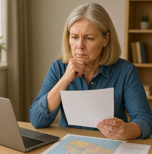 Woman working on finding a will in another state A thoughtful middle-aged woman working on finding a will in another state