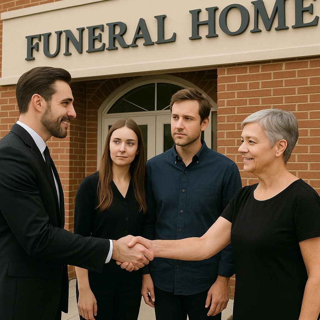 Family learning how to shop for a funeral home Mother and adult children shaking hands with funeral director outside a brick funeral home.